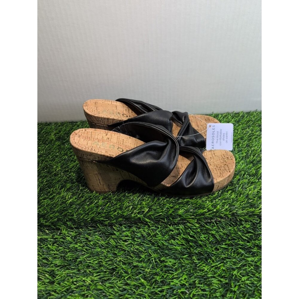 Aerosoles Womens Mercer Sandals Cork Wedge Heel Black Twisted Slide Manmade 9M